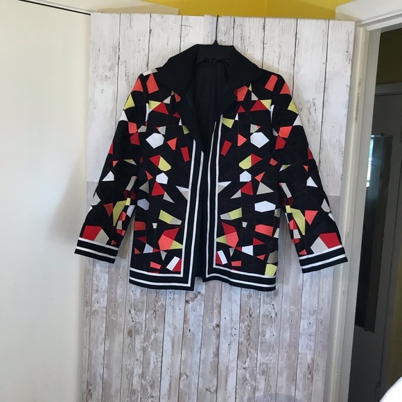 Linda Allard Ellen Tracy Black Embroidered Geometric  Linen Jacket - Picture 2 of 10